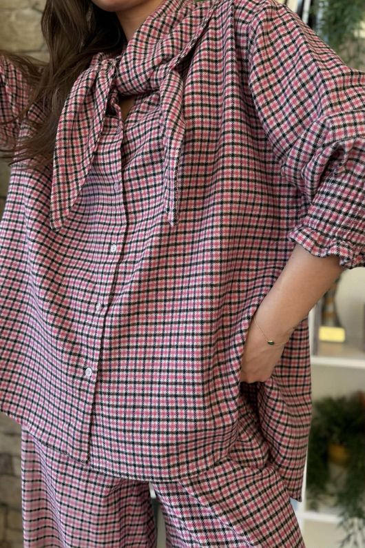 Donald Plaid Brushed Cotton Neckerchief Blouse Pink